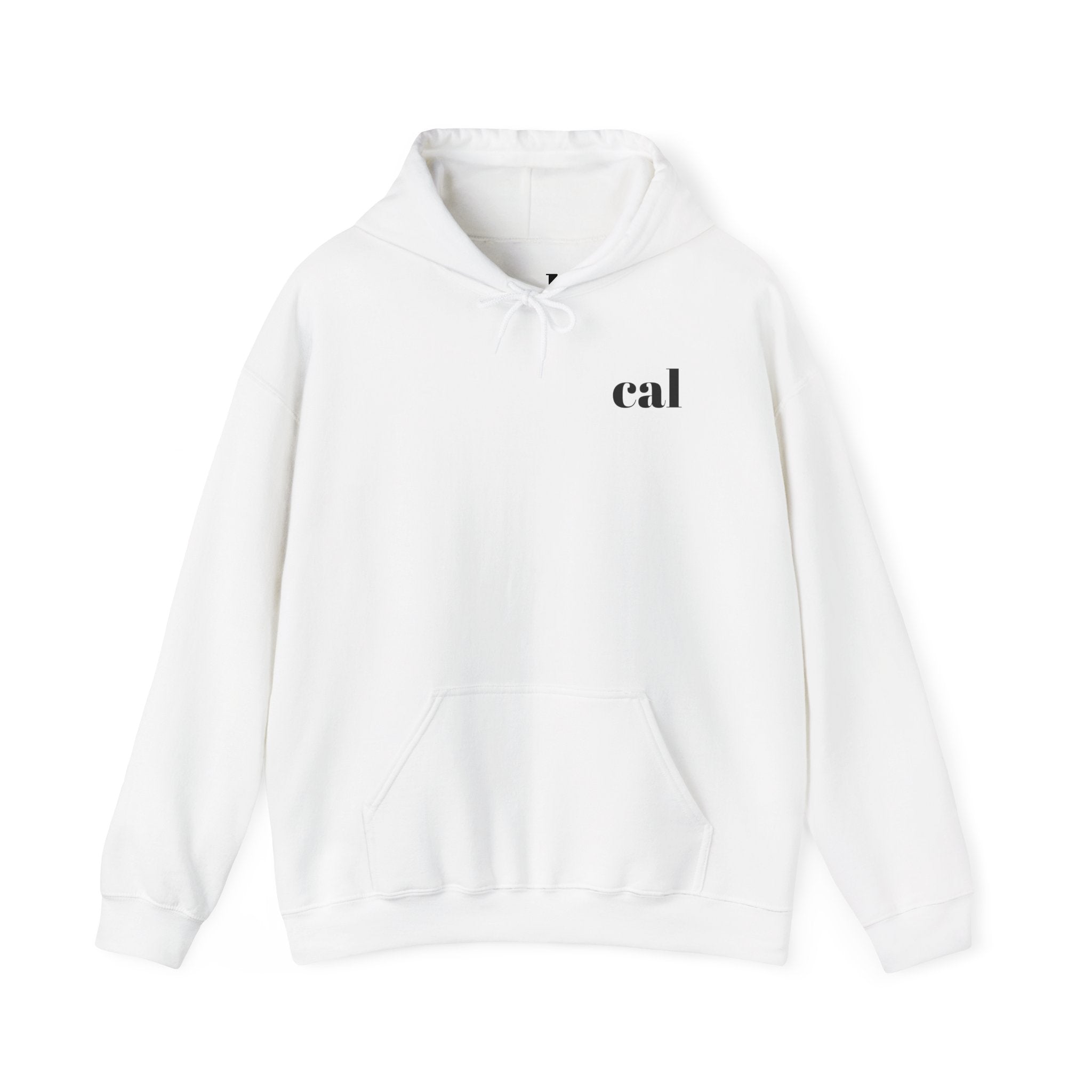 'cal' Minimalist White Hoodie — Small Chest Text Logo, Casual Everyday Pullover
