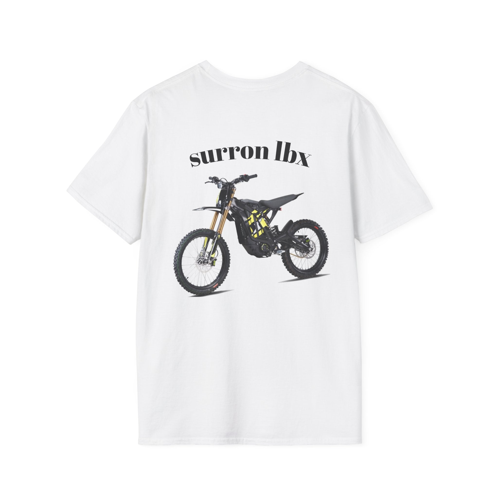 SurRon LBX Electric Dirt Bike T‑Shirt — Minimal Logo Front, Graphic Bike Back
