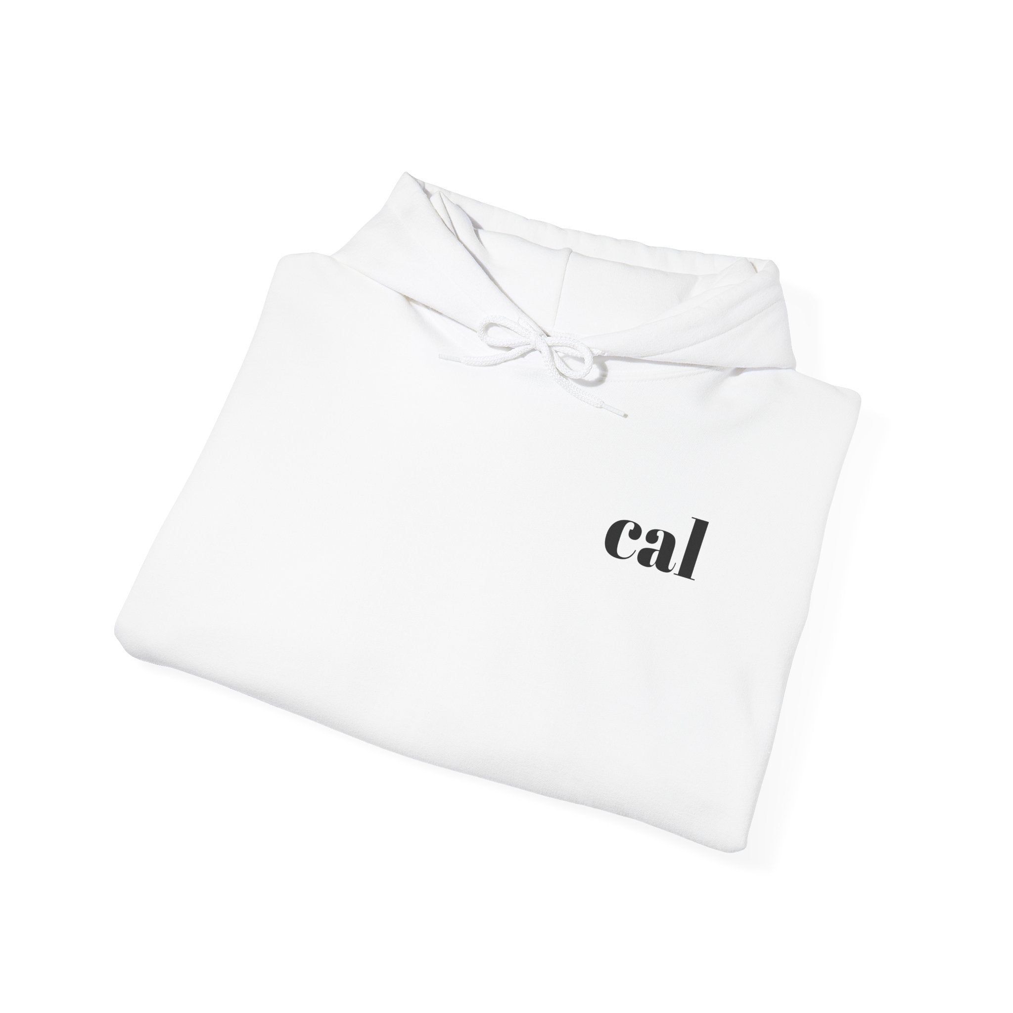 'cal' Minimalist White Hoodie — Small Chest Text Logo, Casual Everyday Pullover